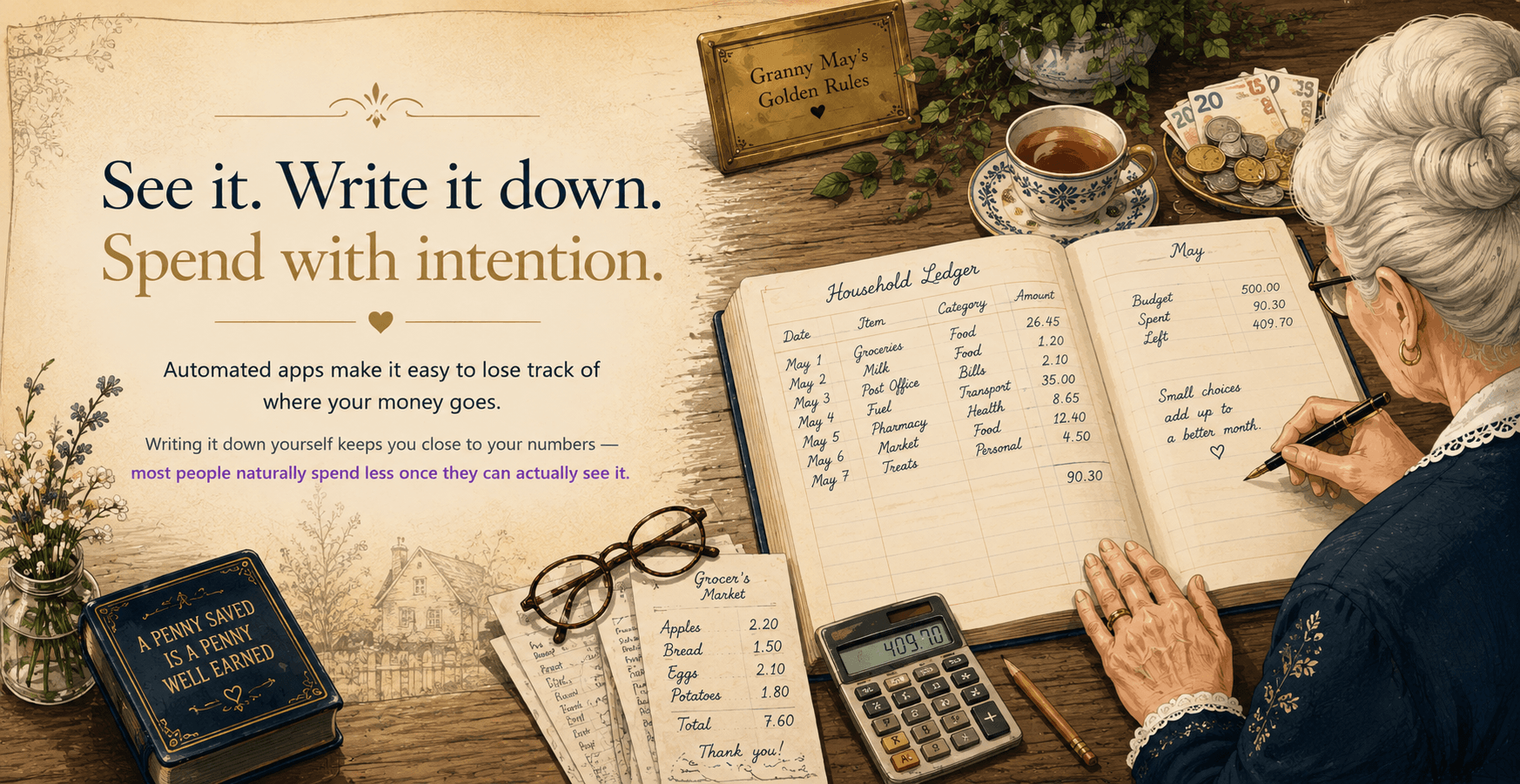 See it. Write it down. Spend with intention. Automated apps make it easy to lose track of where your money goes — writing it down yourself keeps you close to your numbers, and most people naturally spend less once they can actually see it. Granny May at her writing desk, filling in her household ledger beside a cup of tea.